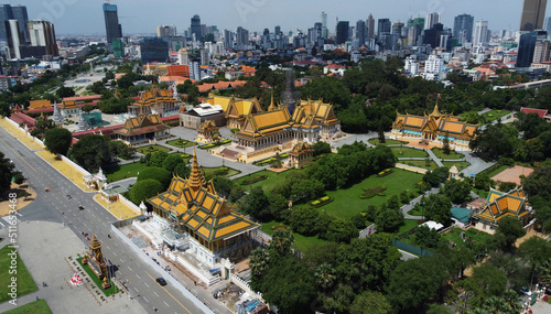 Aerial view of the Royal Palace complex, home to Cambodian kings, located at the Tonle Sap Mekong riverside in Phnom Penh, Cambodia. photo