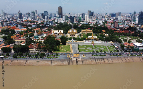 Aerial view of the Royal Palace complex, home to Cambodian kings, located at the Tonle Sap Mekong riverside in Phnom Penh, Cambodia. photo