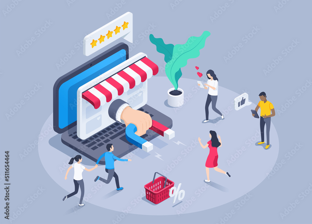 isometric vector illustration on a gray background, a hand with a magnet from the laptop screen from the web page of the store and people running there, attracting buyers via the Internet