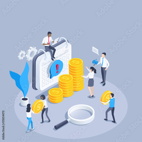 isometric vector illustration on a gray background, people in business clothes near a calendar and a chart of gold coins with dollar signs, filling the company's budget