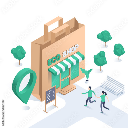 isometric vector illustration on a white background, eco shop in the form of a paper bag for shopping and people running to it, care for ecology and health