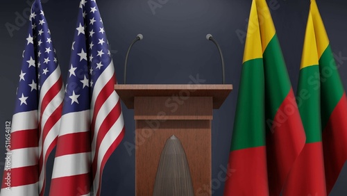 Flags of USA and Lithuania at international meeting or negotiations press conference. Podium speaker tribune with flags and coat arms. 3d rendering