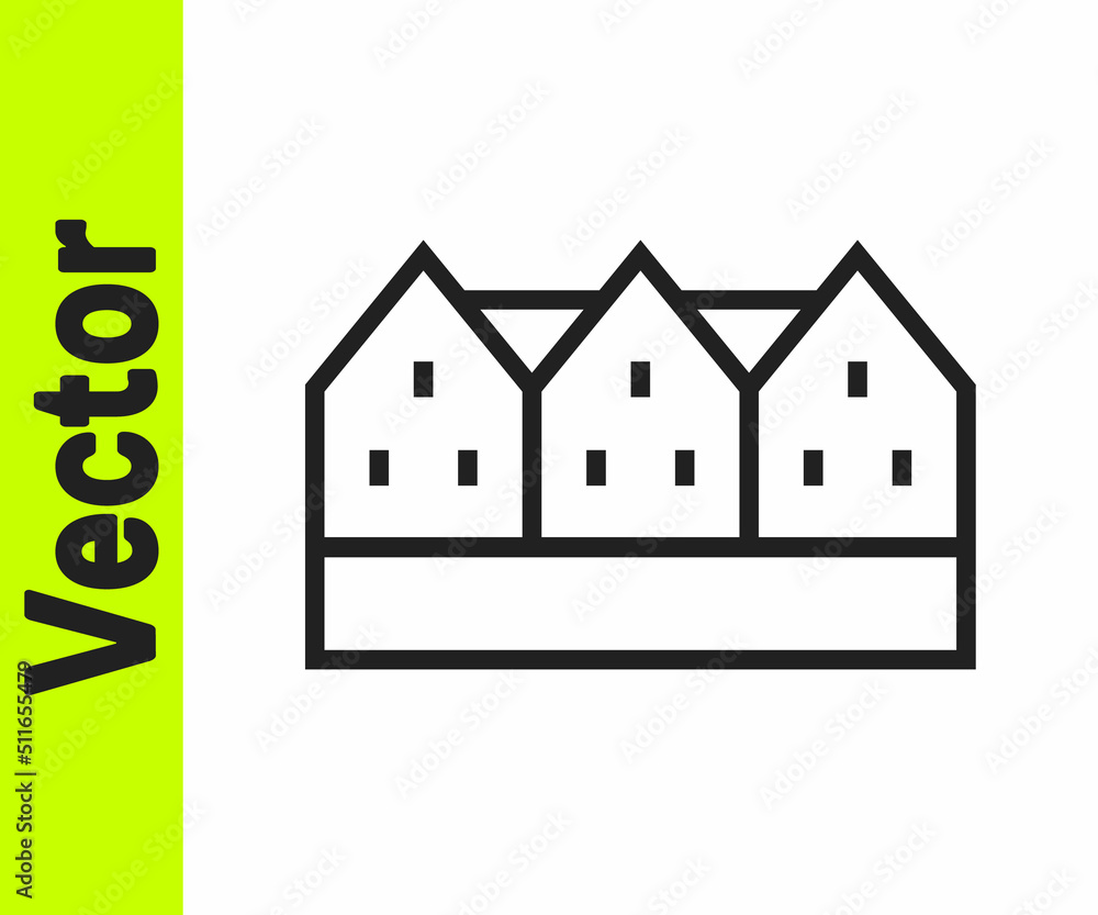 Black line Icelandic wooden house icon isolated on white background. Architecture element of Iceland. Vector Black line Icelandic wooden house icon isolated on white background. Architecture element of Iceland. Vector
