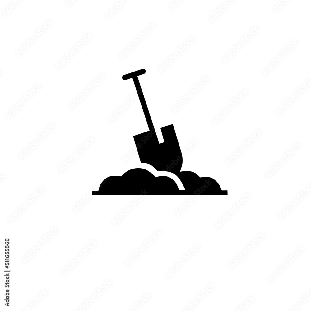 Fototapeta premium Digging with garden shovel vector icon,Vector shovel in ground isolated on white background. gardening work tool equipment icon.flat design of construction spade work tool