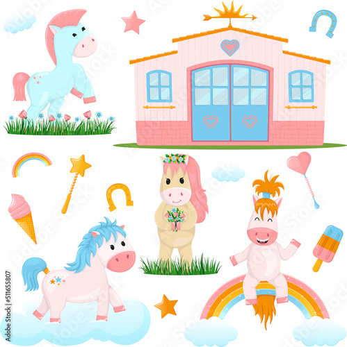 Vector set of cute cartoon ponies and stables, for children, on a white background.