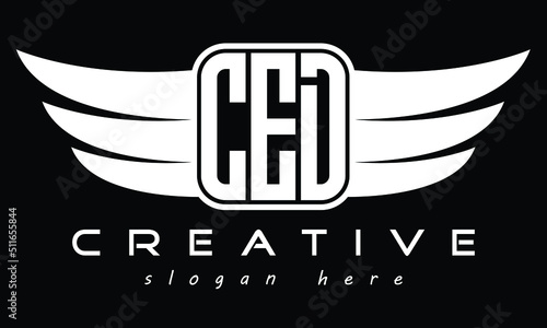  CED three-letter Wing minimal typography font Monogram emblems flying logo. Vector template