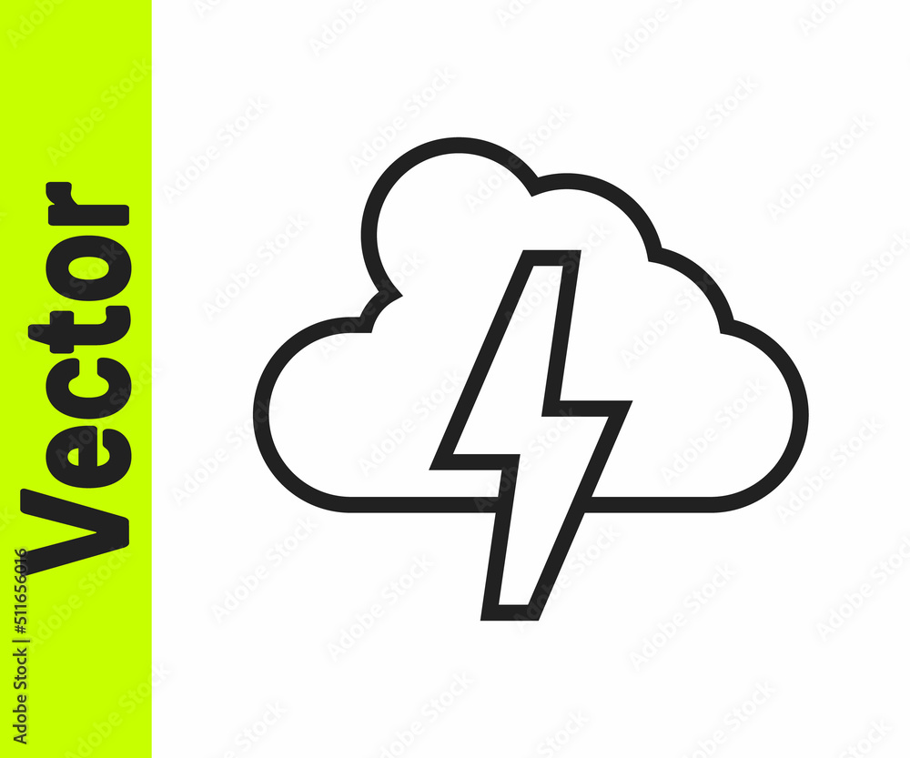 Black line Storm icon isolated on white background. Cloud and lightning sign. Weather icon of storm. Vector Black line Storm icon isolated on white background. Cloud and lightning sign. Weather icon of storm. Vector