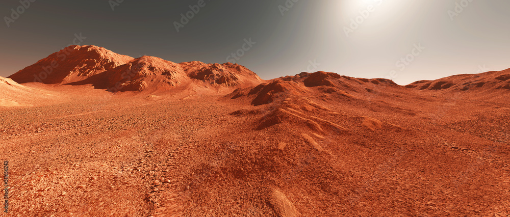Mars planet landscape, 3d render of imaginary mars planet terrain, orange eroded desert with mountains and sun, realistic science fiction illustration. - obrazy, fototapety, plakaty 
