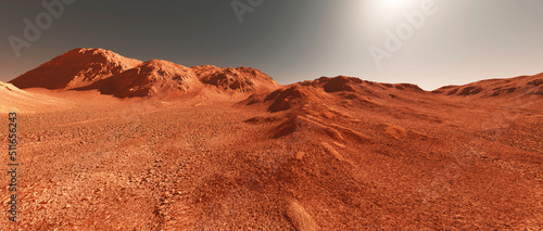 Fotografiet Mars planet landscape, 3d render of imaginary mars planet terrain, orange eroded desert with mountains and sun, realistic science fiction illustration