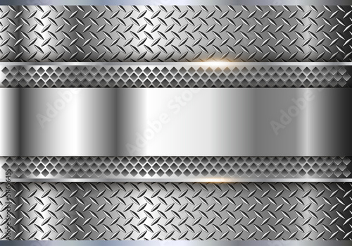 Silver metallic background, shiny and lustrous metal banner with diamond plate texture, 3D chrome glossy vector illustration.