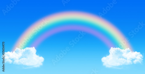 Rainbow with blue sky and cumulus clouds  paradise perfect and symmetrical backgound  idyllic ideal weather icon  3D illustration.