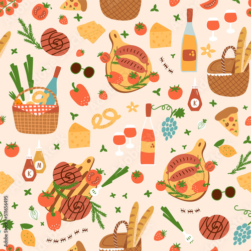 Summer picnic background. Picnic seamless pattern, picnic basket red blanket, food, sausages, food bottle of wine grapes tomatoes cheese pizza Summer vector illustration. Garden outdoor leisure paper.