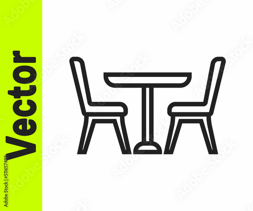 Black line Wooden table with chair icon isolated on white background. Vector