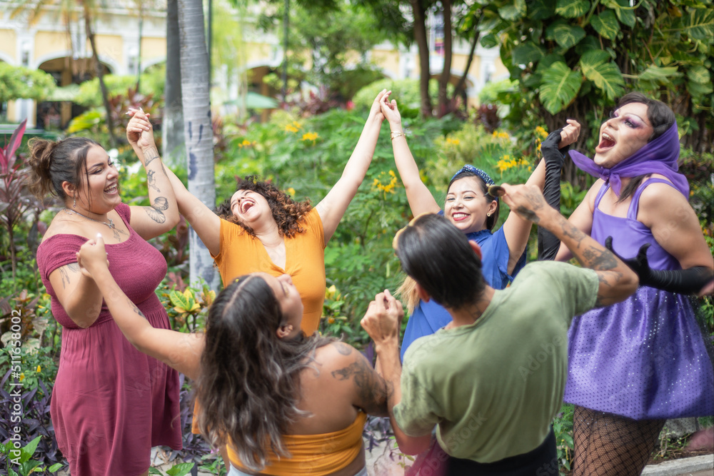 Group of different people having fun together. Concept of friendship, respect, equality, diversity. Group of different people having fun together. Concept of friendship, respect, equality, diversity.