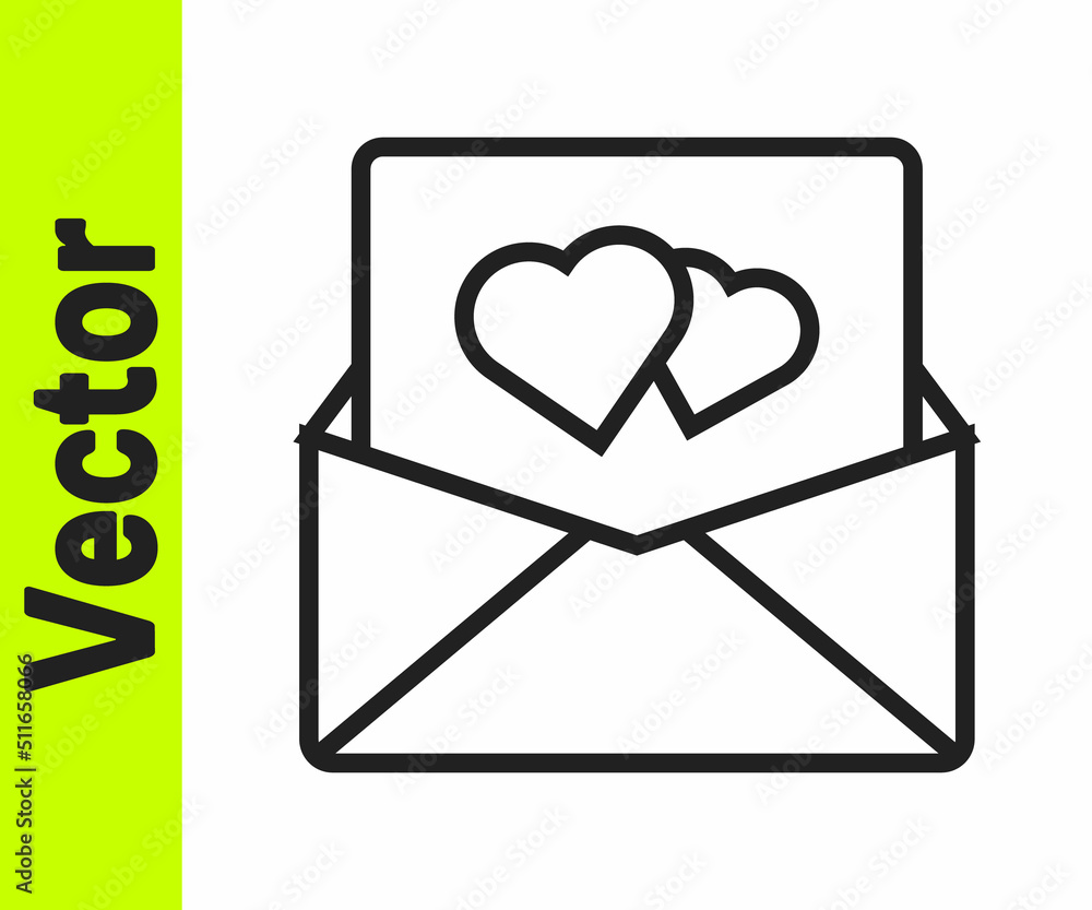Black line Envelope with Valentine heart icon isolated on white background. Message love. Letter love and romance. Vector Black line Envelope with Valentine heart icon isolated on white background. Message love. Letter love and romance. Vector
