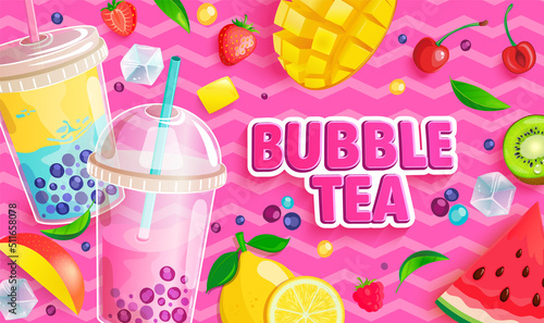 Bubble tea banner on sweet pink background. Bubbletea with fruits and berries.Milkshake smoothie with mango,strawberries,tapioca,cherry,watermelon with place for text, brand for flyers, posters.Vector