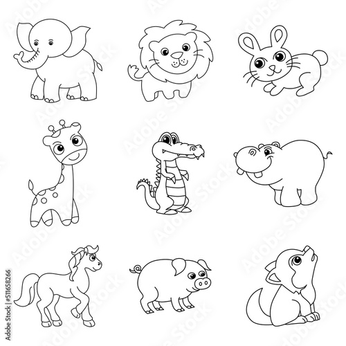 Animal set cartoon coloring page illustration vector. For kids coloring book.