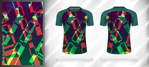 Vector sport pattern design template for T-shirt front and back view mockup. Dark and light shades of green-red color gradient geometric oblique line texture background illustration.
