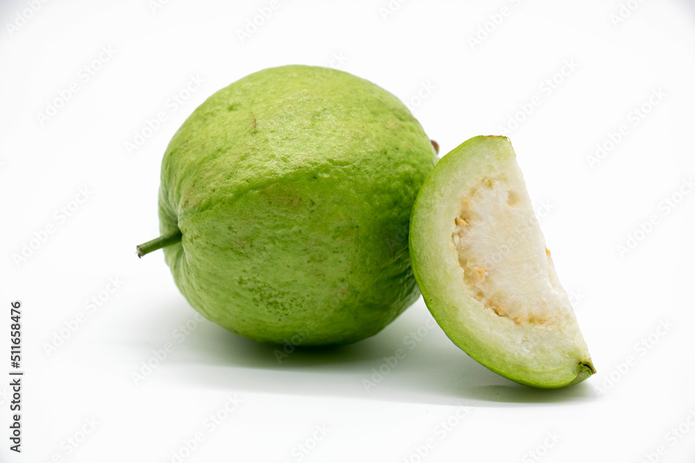 Whole and slices Guava isolated on the white background. Whole and slices Guava isolated on the white background.