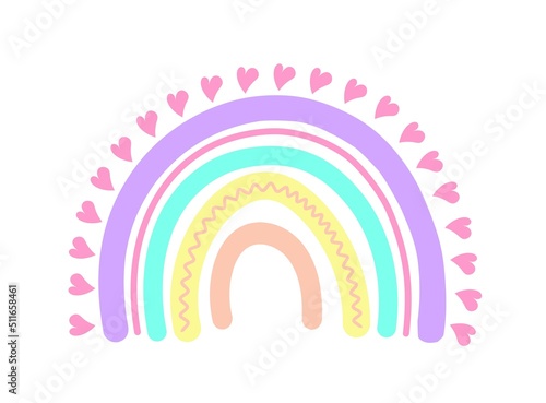 Scandinavian rainbow with ornament. Colorful modern rainbow with abstract hearts. Hand-drawn children's boho decoration. For design, posters. Flat style. Vector. Isolated object