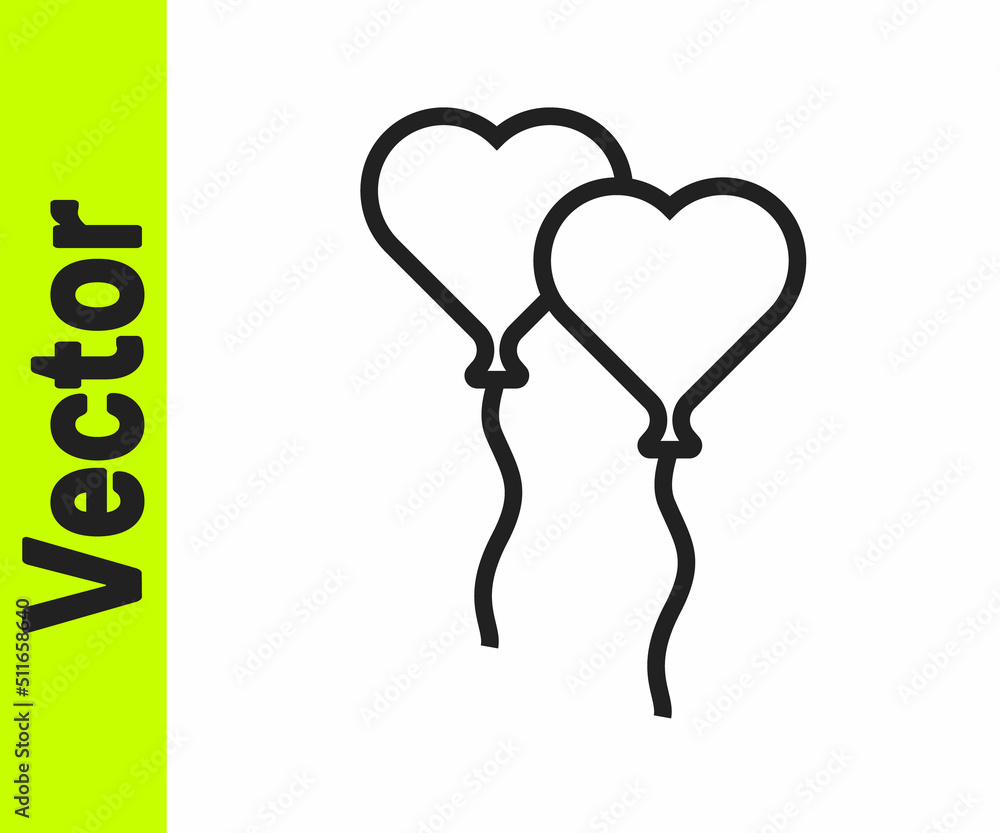 Black line Balloons in form of heart with ribbon icon isolated on white background. Valentines day. Vector