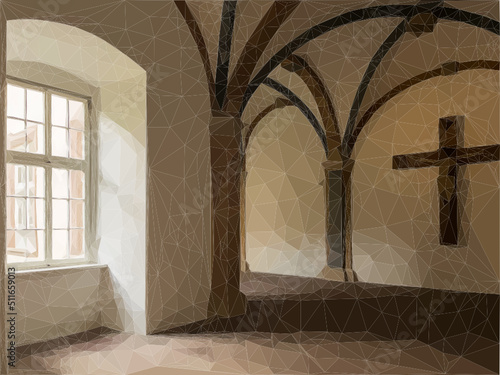 Architektur in einem Kloster. Rundbogen und Kruzifix. Vektorgrafik in Low Poly Art. 