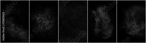 Set of distressed white grainy texture. Dust overlay textured. Grain noise particles. Snow effects pack. Rusted black background. Vector illustration, EPS 10.   