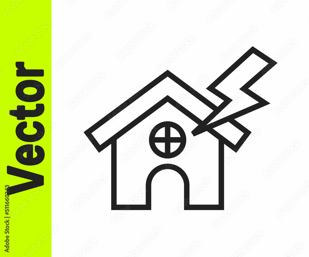Black line House and lightning icon isolated on white background. House with thunderbolt for house or property insurance symbol. Vector Black line House and lightning icon isolated on white background. House with thunderbolt for house or property insurance symbol. Vector