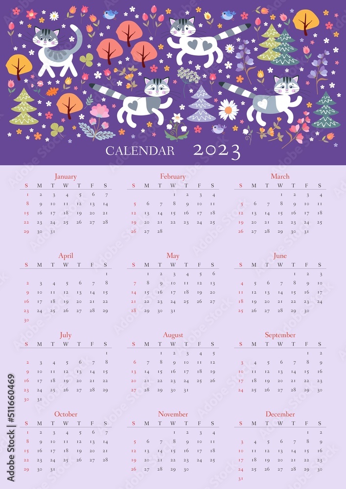 Wall calendar for 2023 with a beautiful picture on top. Cute cartoon cats walk among trees and flowers on a bright purple background in vector.