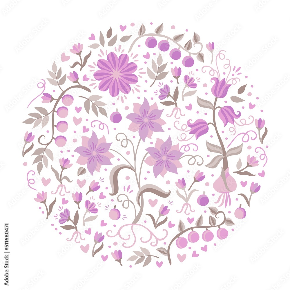 Round natural ornament of flowers, leaves, roots, swirls and berries in light lilac tones isolated on white background in vector. Round natural ornament of flowers, leaves, roots, swirls and berries in light lilac tones isolated on white background in vector.