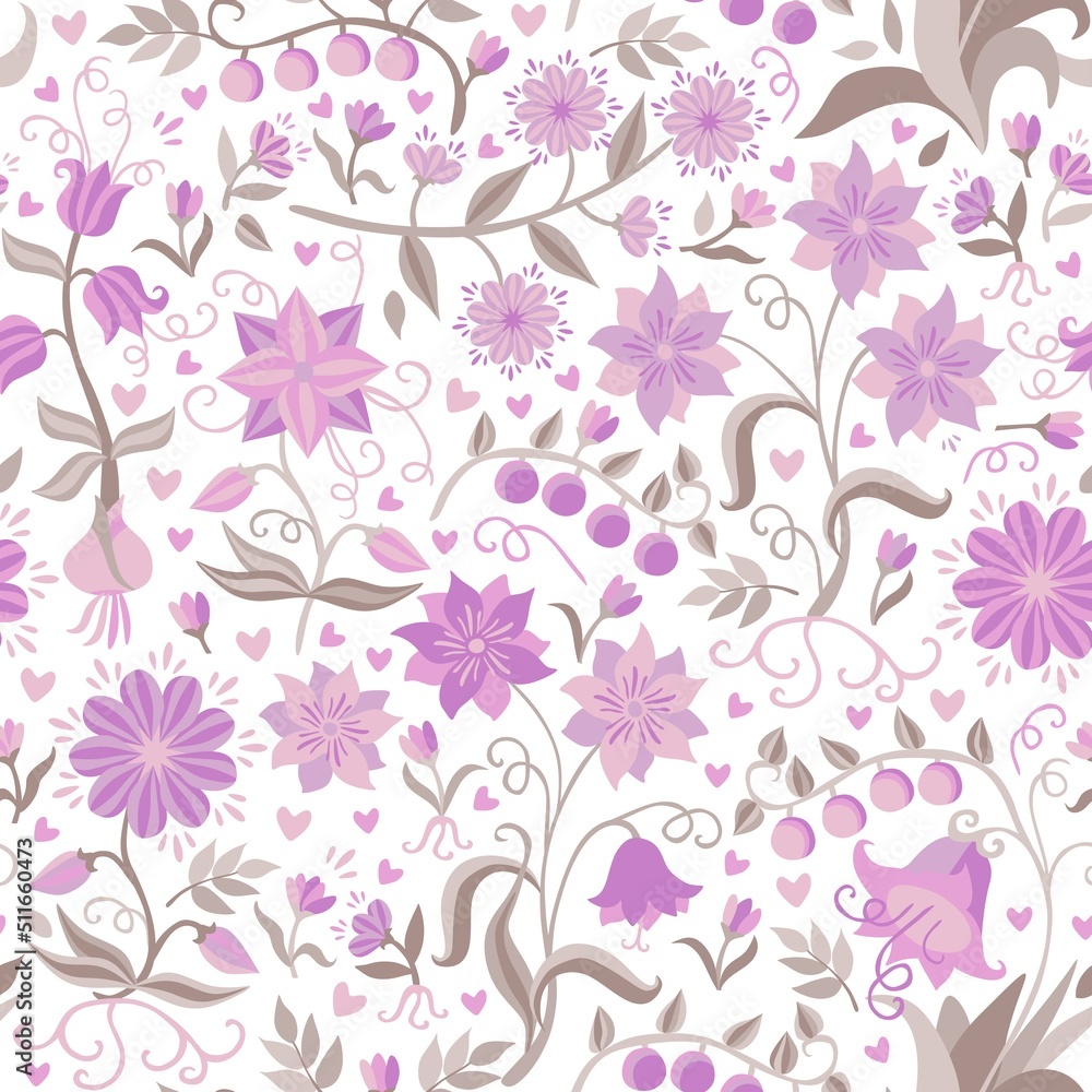 Delicate seamless print for fabric, wallpaper with rose-lilac flowers, berries and green leaves isolated on white background in vector. Natural romantic pattern.