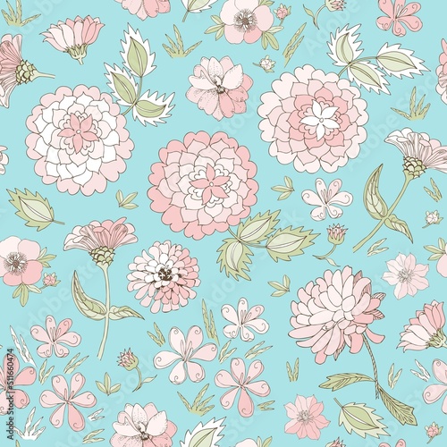 Delicate pink flowers on a light bluish green background in vector. Seamless natural romantic print for fabric  wallpaper. Beautiful summer ornament.