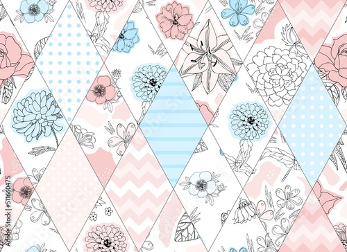 Exquisite seamless pattern of rhombuses with a floral and abstract print in light pink and pale blue tones on a white background. Ornament for fabric, wallpaper, packaging in patchwork style in vector