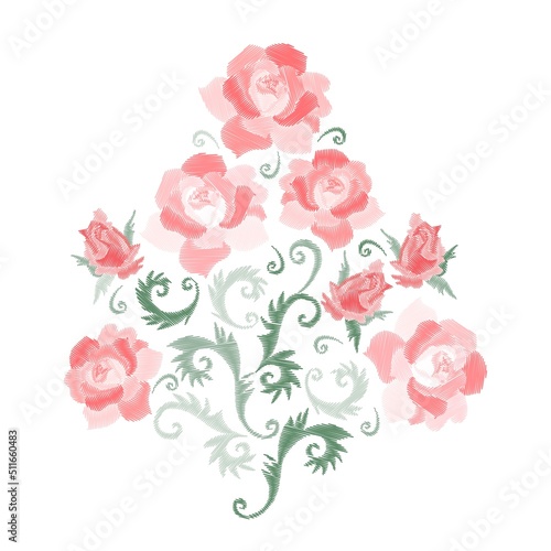 Fototapeta Naklejka Na Ścianę i Meble -  Embroidered bouquet of red roses with fancy green leaves isolated on white background in vector. Nice natural print.