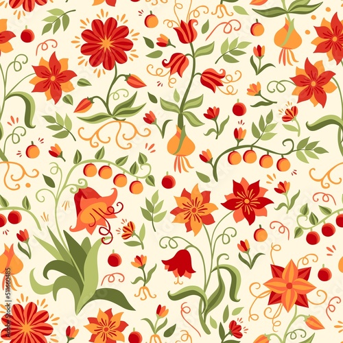 Seamless summer print for fabric with fabulous flowers, leaves, roots, swirls, berries in orange, red, green colors on a light background.