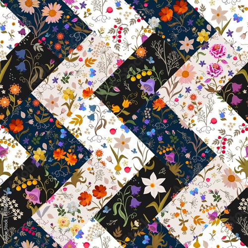 Summer seamless patchwork floral pattern with vertical dark and light zigzag stripes.