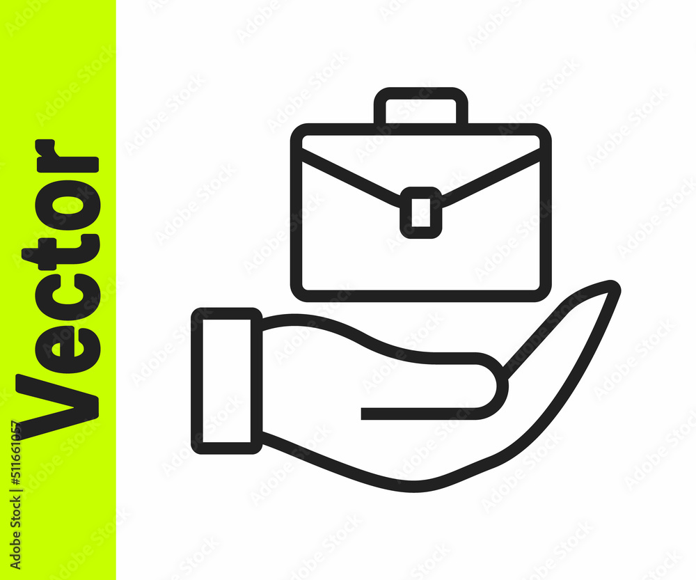 Black line Hand holding briefcase icon isolated on white background. Insurance concept. Security, safety, protection, protect concept. Vector Black line Hand holding briefcase icon isolated on white background. Insurance concept. Security, safety, protection, protect concept. Vector