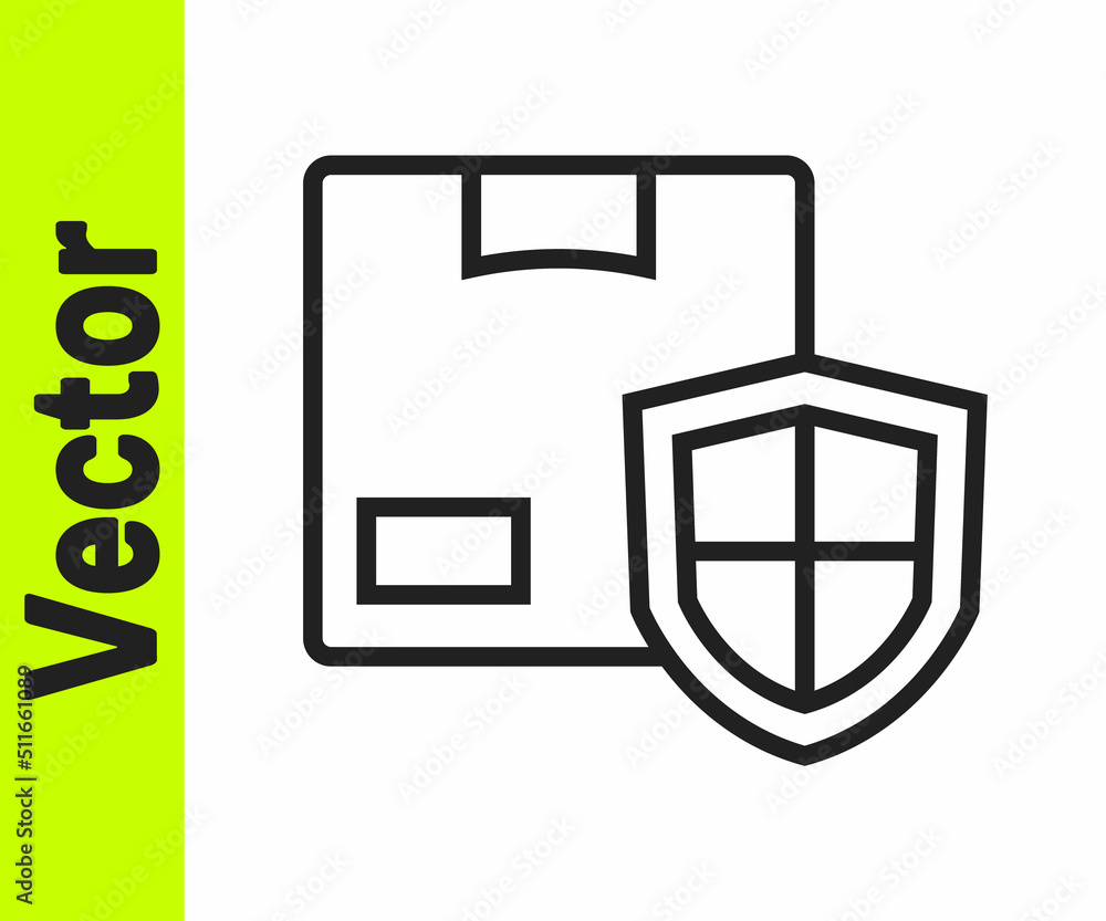 Black line Delivery security with shield icon isolated on white background. Delivery insurance. Insured cardboard boxes beyond the shield. Vector Black line Delivery security with shield icon isolated on white background. Delivery insurance. Insured cardboard boxes beyond the shield. Vector