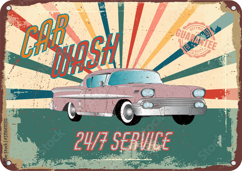 car wash. pink vintage american car on vintage shabby background. vector illustration