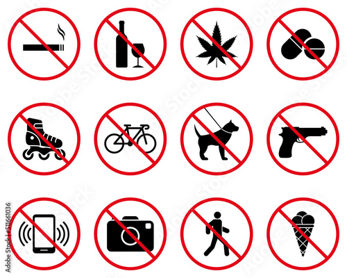 Forbidden Caution Pictogram Set. Restriction Area Ban Black Silhouette Icon Collection. Warning Red Stop Circle Symbol. Alert No Allowed Zone Sign. Prohibited Icon. Isolated Vector Illustration