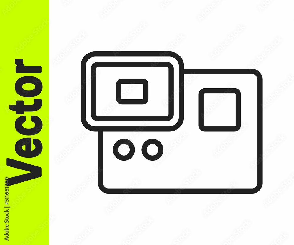 Black line Action extreme camera icon isolated on white background. Video camera equipment for filming extreme sports. Vector Black line Action extreme camera icon isolated on white background. Video camera equipment for filming extreme sports. Vector
