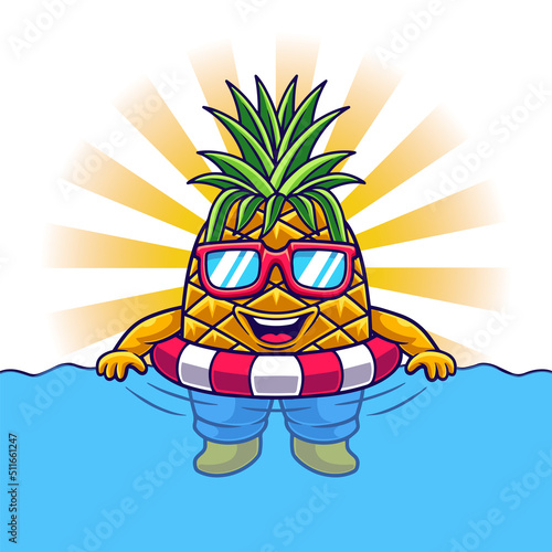 Cute Pineapple Illustration Chill On Swimming Pool with Glasses