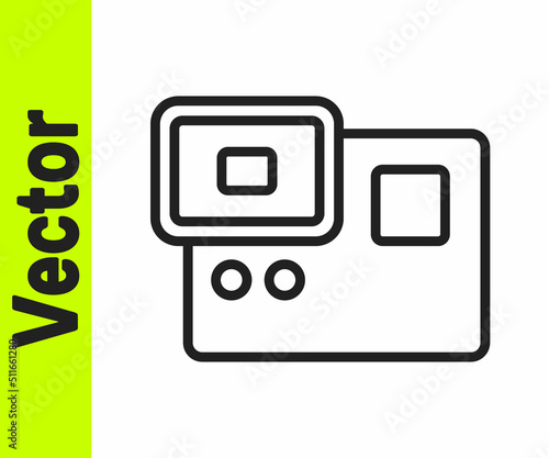 Black line Action extreme camera icon isolated on white background. Video camera equipment for filming extreme sports. Vector