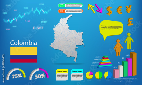 colombia map info graphics - charts, symbols, elements and icons collection. Detailed colombia map with High quality business infographic elements.