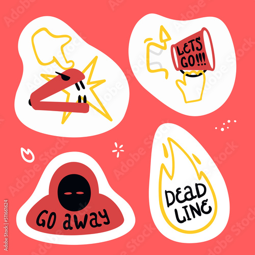 A set of stickers about office work. Angry boss, deadline, introvert programmer and stapler. Cartoon vector hand drawn style.