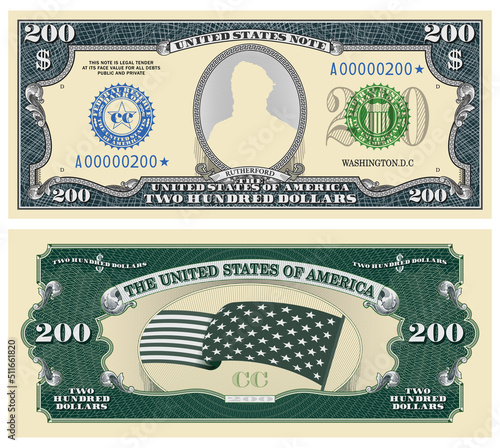 Vector fictional template obverse and reverse of US paper money. Two hundred dollars banknote. Empty oval and guilloche frames. Wavy striped stary flag. Rutherford