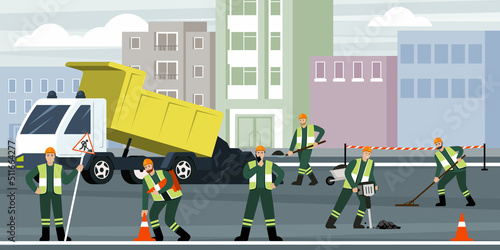 road repair. urban landscape with workers and technic truck highway repair and using safety cones. Vector cartoon background