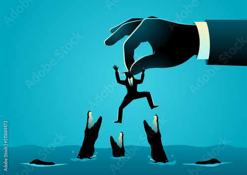 Business concept vector illustration. Giant hand put businessman in dangerous place full with crocodiles