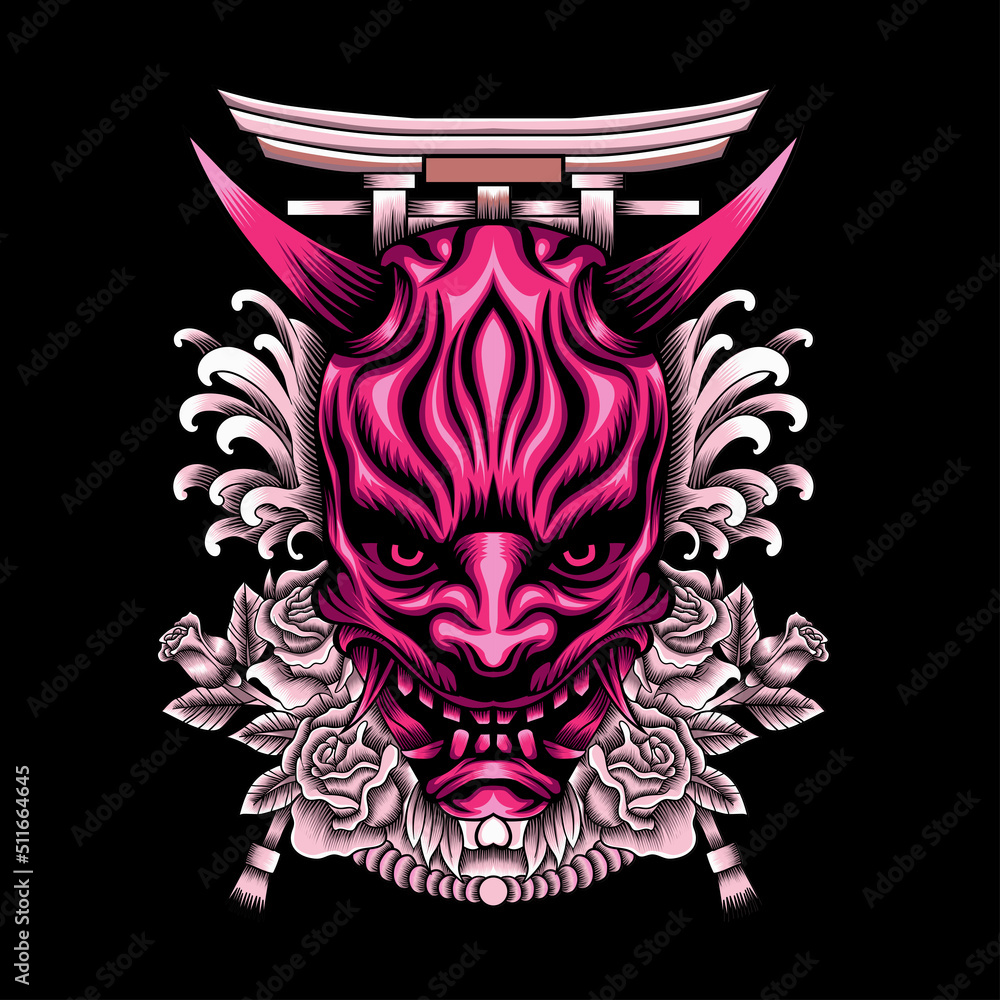 Fototapeta premium oni mask with roses and tori gate illustration