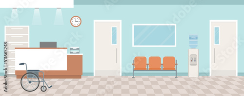 Empty modern hospital corridor with nurses station and armchairs. Healthcare services concept. Flat style, vector illustration.